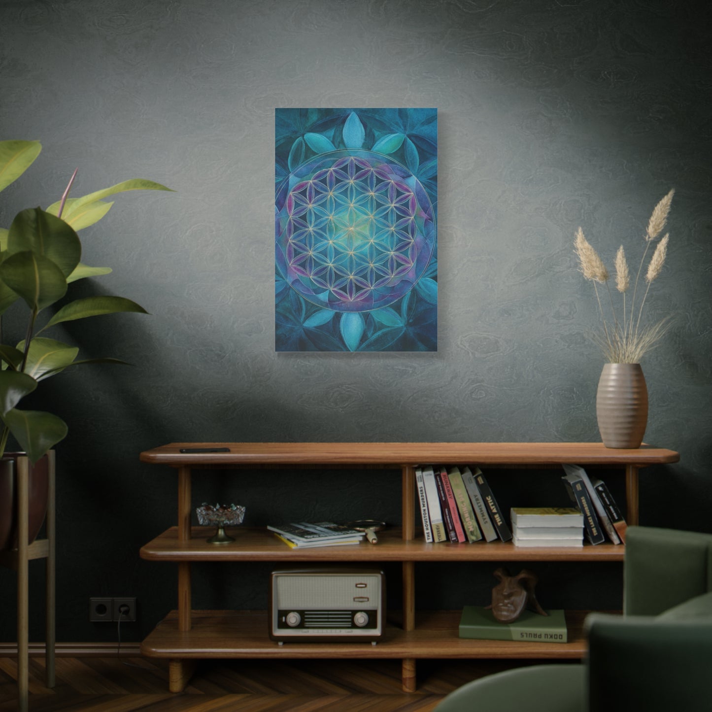 Sacred Geometry Canvas Print — Blue Flower of Life Matte Stretched Art
