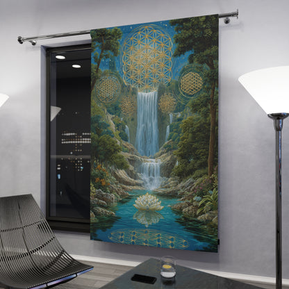 Sacred Waterfall Window Curtain — Lotus & Sacred Geometry Tapestry