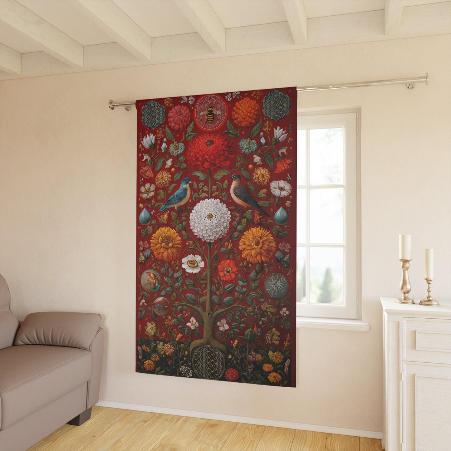 Botanical Tapestry Curtain — Vintage Floral & Birds Window Panel