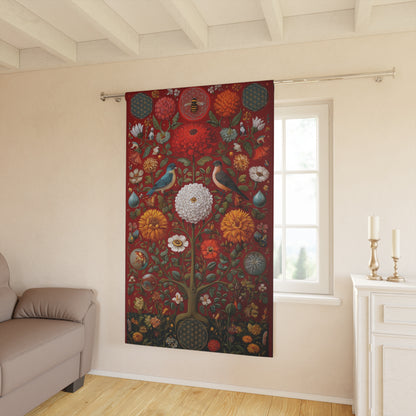 Botanical Tapestry Curtain — Vintage Floral & Birds Window Panel