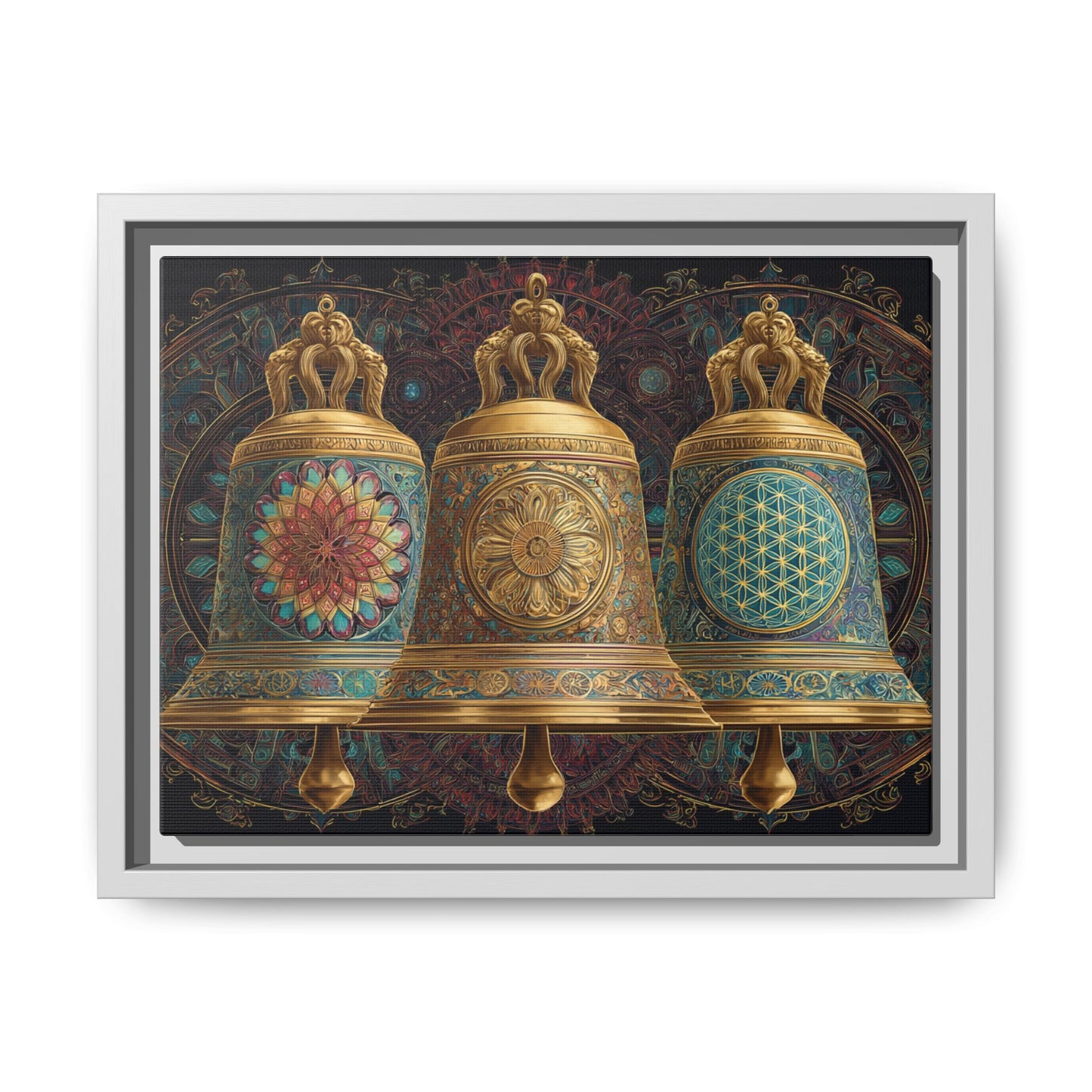 Decorative Golden Bells Matte Canvas Framed | Mandala Pattern Wall Art