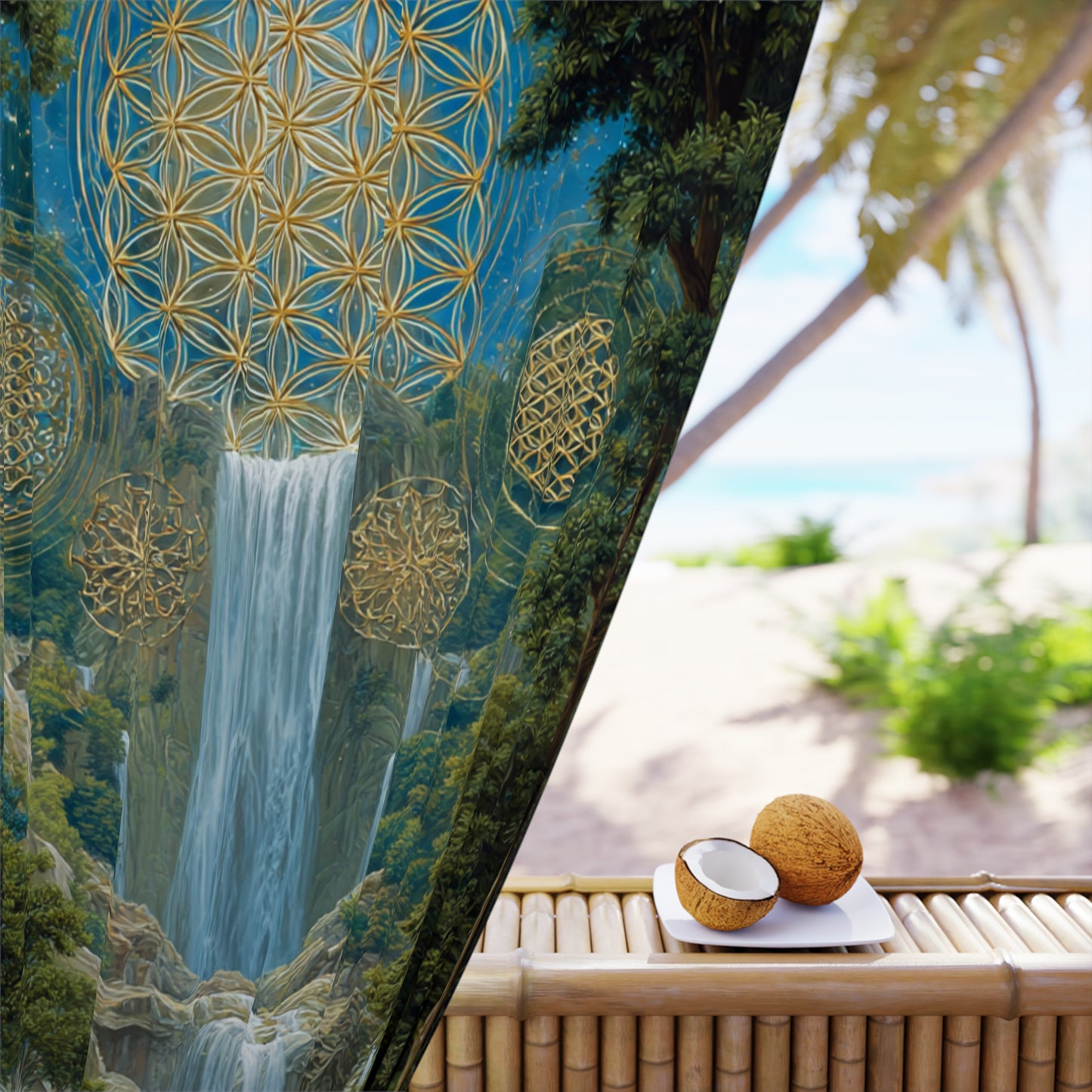 Sacred Waterfall Window Curtain — Lotus & Sacred Geometry Tapestry