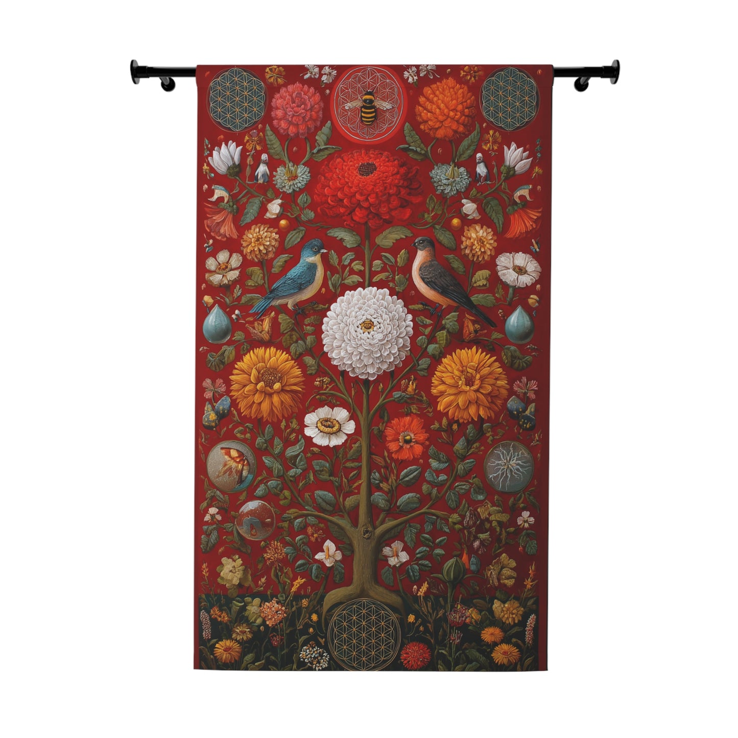 Botanical Tapestry Curtain — Vintage Floral & Birds Window Panel
