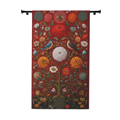 Botanical Tapestry Curtain — Vintage Floral & Birds Window Panel