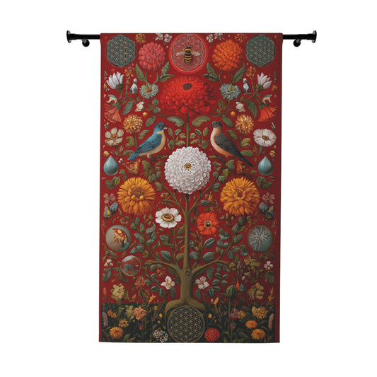 Botanical Tapestry Curtain — Vintage Floral & Birds Window Panel