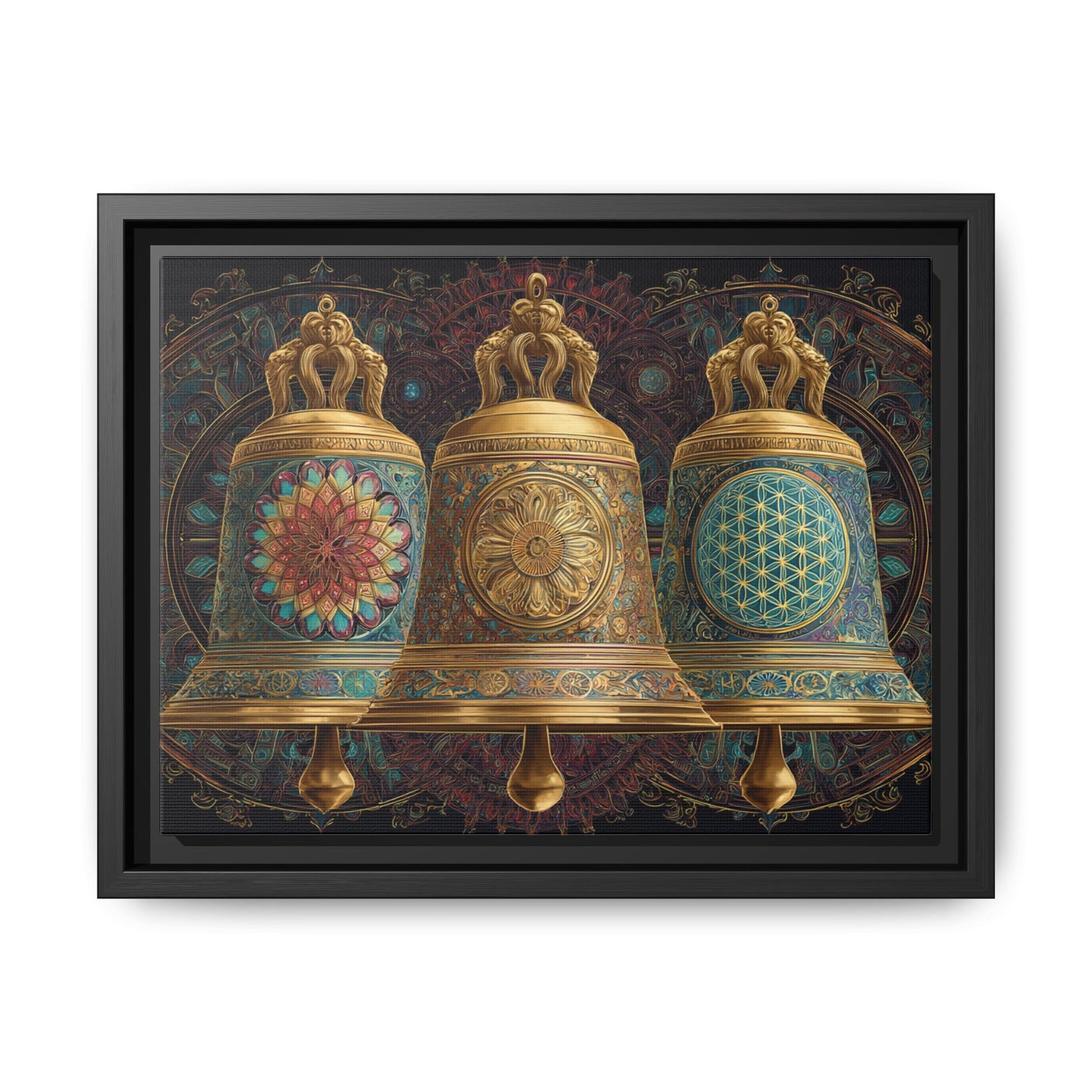 Decorative Golden Bells Matte Canvas Framed | Mandala Pattern Wall Art