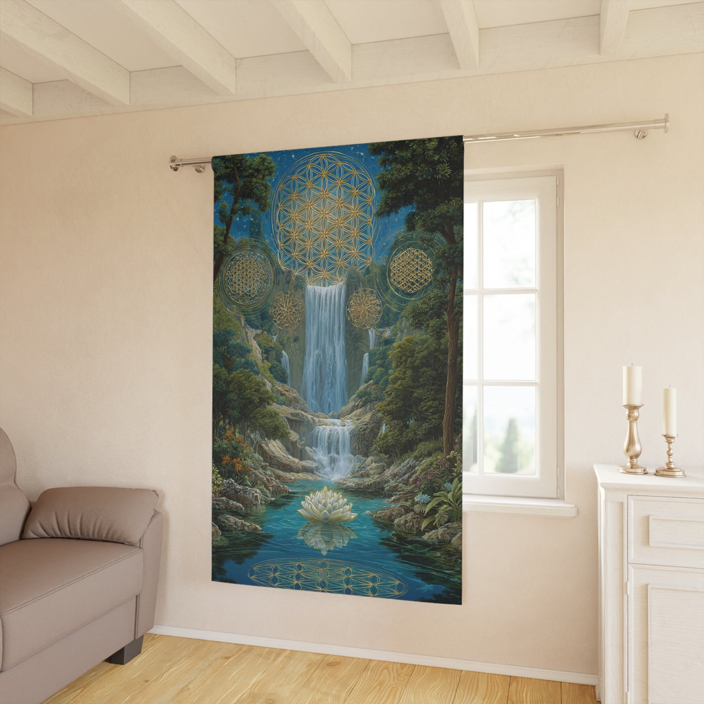 Sacred Waterfall Window Curtain — Lotus & Sacred Geometry Tapestry