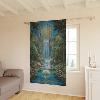 Sacred Waterfall Window Curtain — Lotus & Sacred Geometry Tapestry