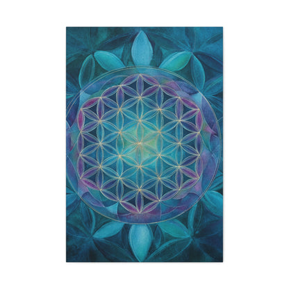 Sacred Geometry Canvas Print — Blue Flower of Life Matte Stretched Art