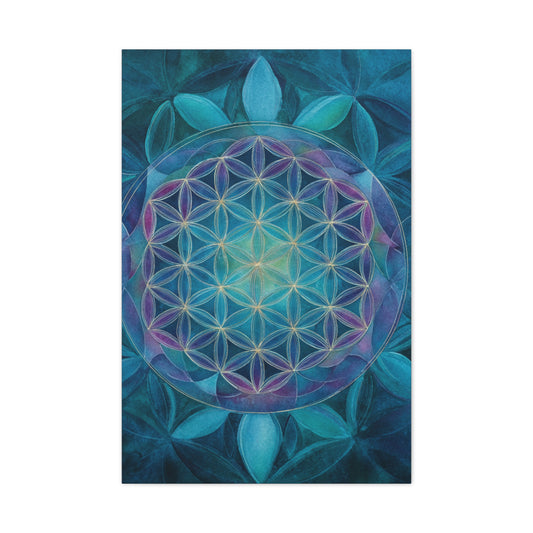 Sacred Geometry Canvas Print — Blue Flower of Life Matte Stretched Art