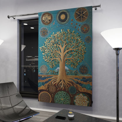 Tree of Life Window Curtain — Teal Spiritual Tapestry Panel