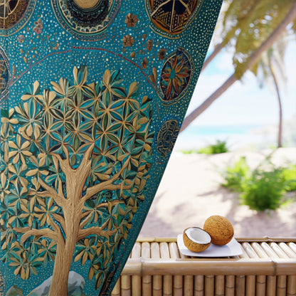 Tree of Life Window Curtain — Teal Spiritual Tapestry Panel