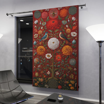 Botanical Tapestry Curtain — Vintage Floral & Birds Window Panel
