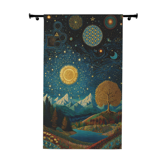 Celestial Landscape Window Curtain — Starry Sun & Mountain Tapestry Panel