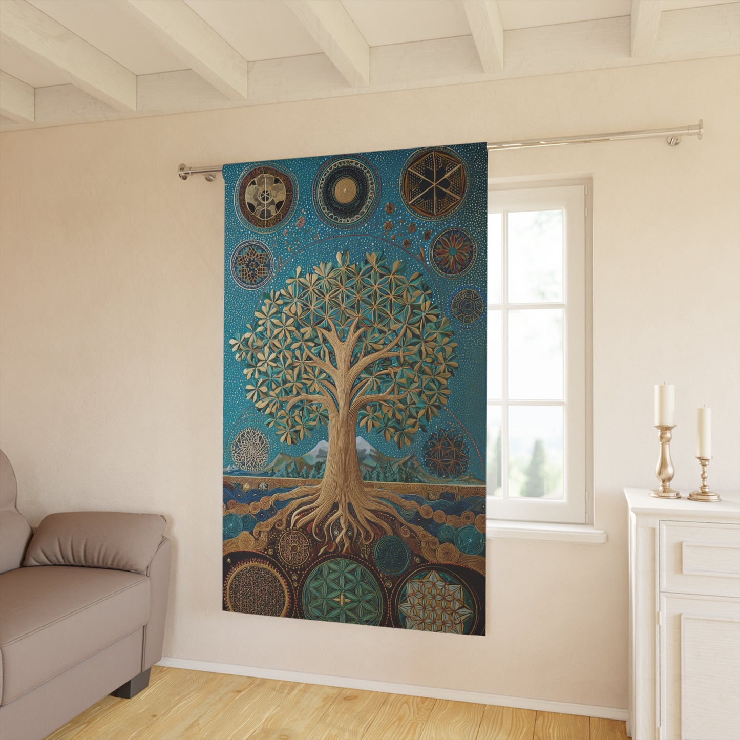 Tree of Life Window Curtain — Teal Spiritual Tapestry Panel