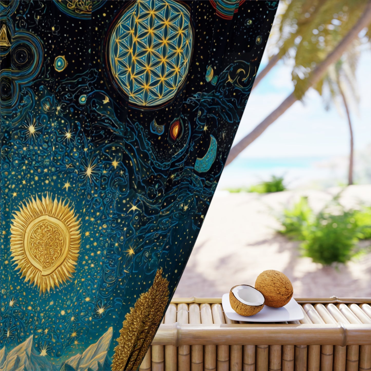 Celestial Landscape Window Curtain — Starry Sun & Mountain Tapestry Panel