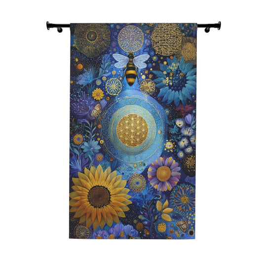Bohemian Sunflower & Bee Window Curtain — Blue Floral Tapestry Panel