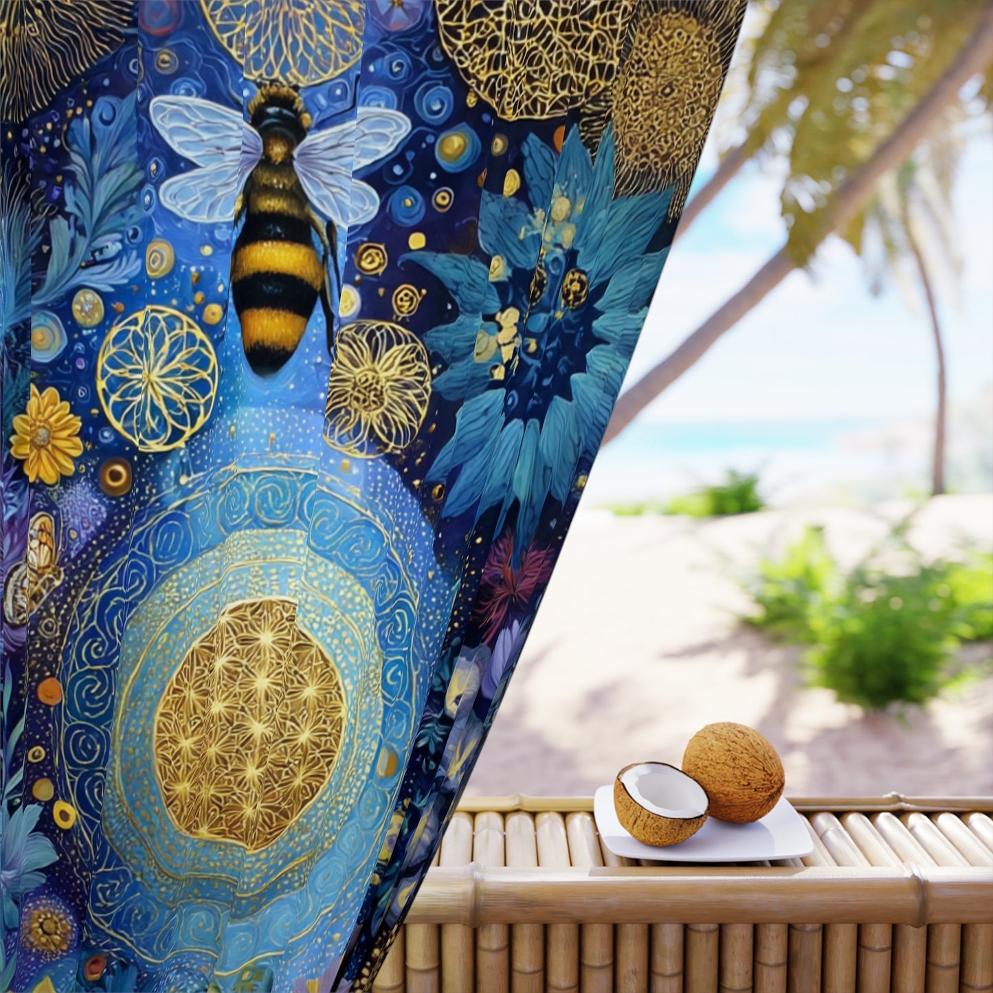 Bohemian Sunflower & Bee Window Curtain — Blue Floral Tapestry Panel