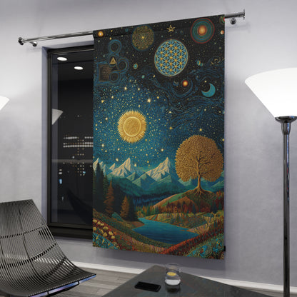 Celestial Landscape Window Curtain — Starry Sun & Mountain Tapestry Panel