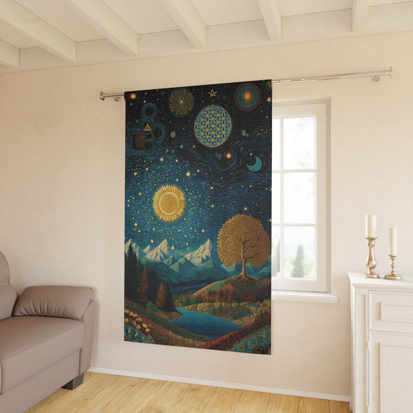 Celestial Landscape Window Curtain — Starry Sun & Mountain Tapestry Panel