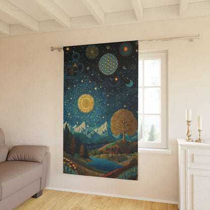 Celestial Landscape Window Curtain — Starry Sun & Mountain Tapestry Panel