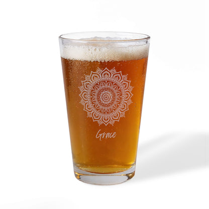 Mandala Engraving Pint Glass 16oz | Etched Floral Glassware