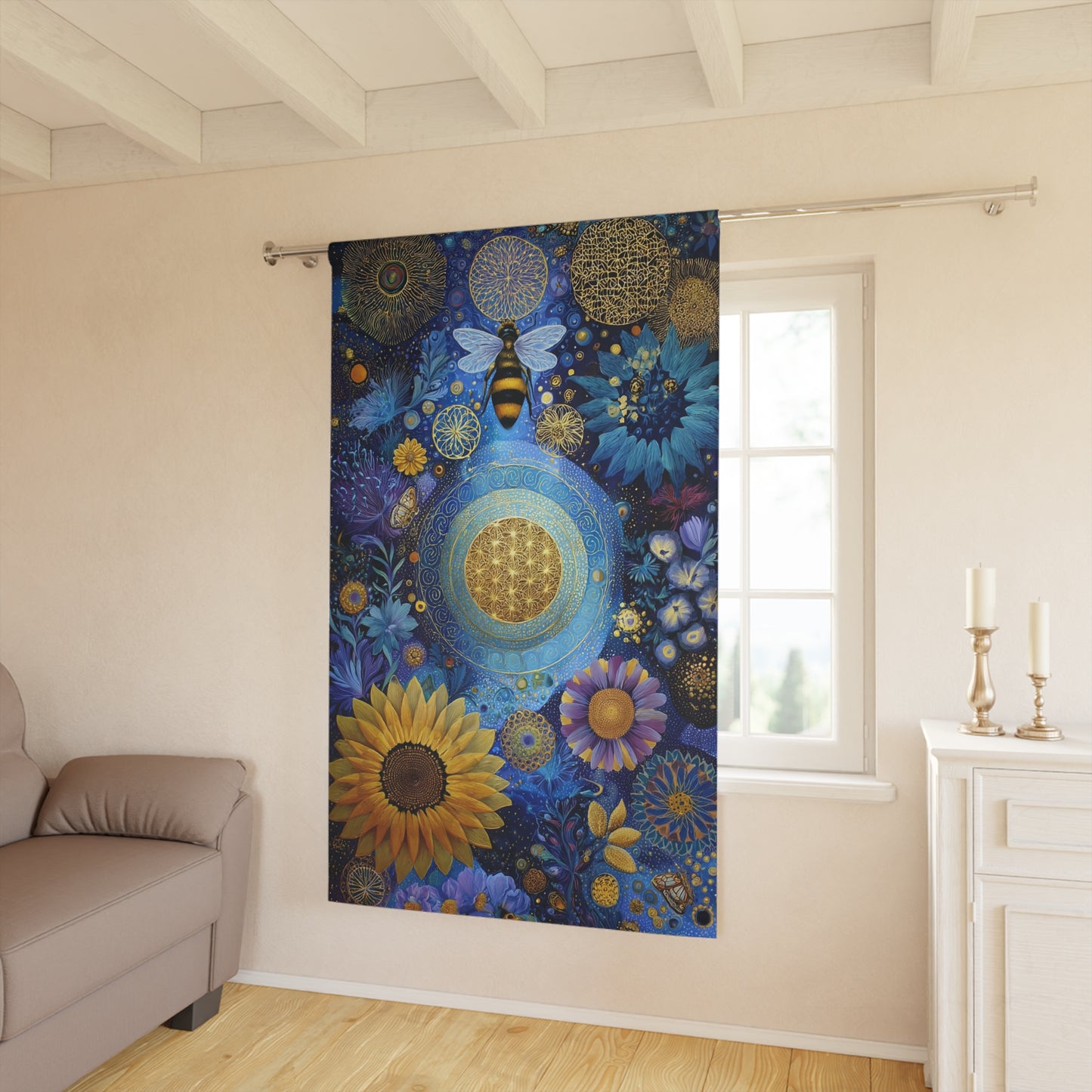 Bohemian Sunflower & Bee Window Curtain — Blue Floral Tapestry Panel