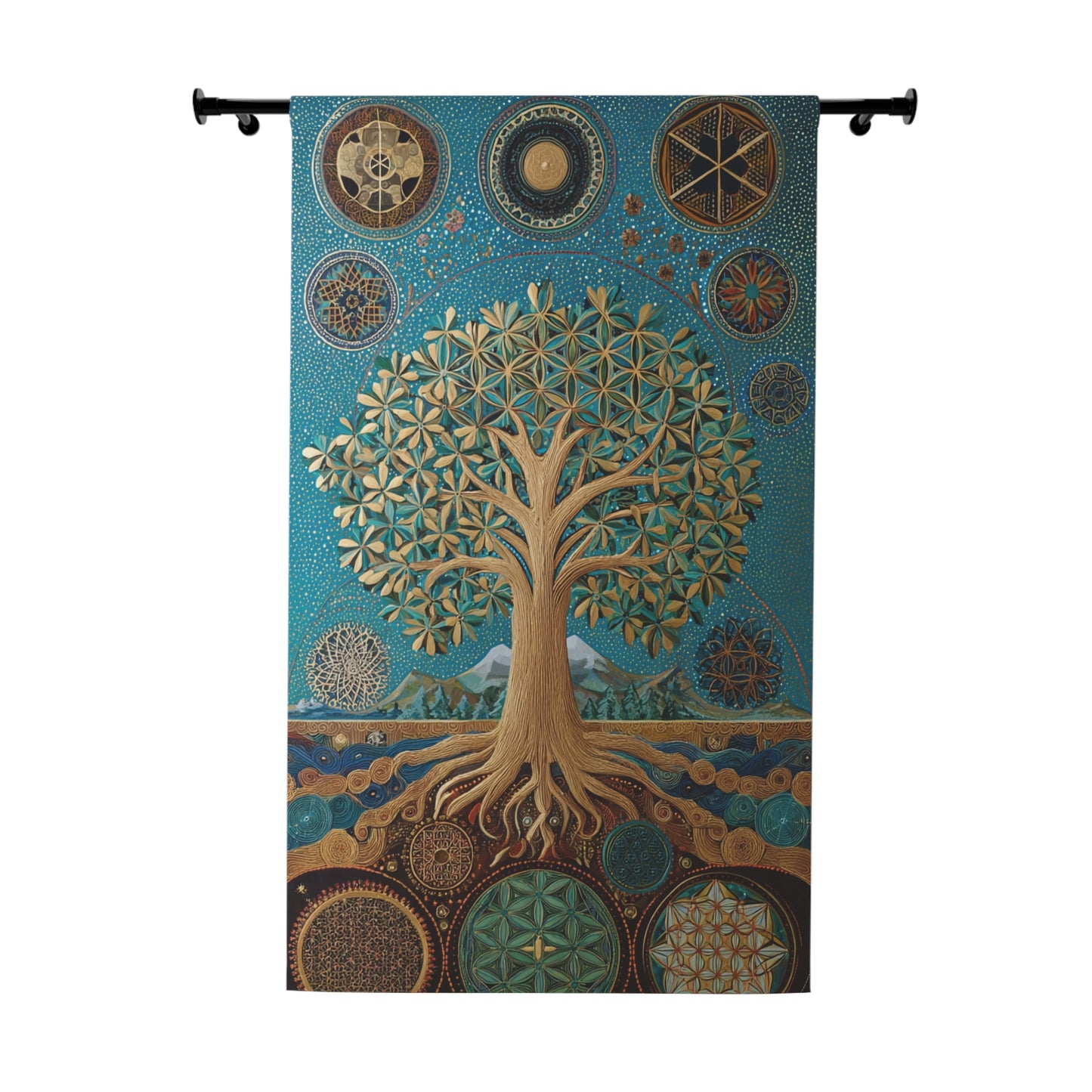 Tree of Life Window Curtain — Teal Spiritual Tapestry Panel