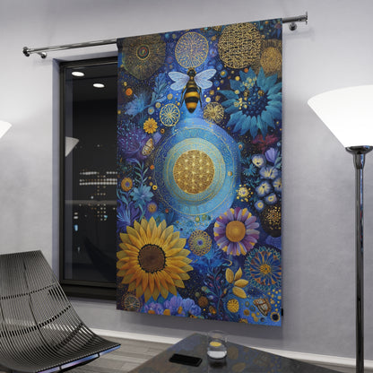 Bohemian Sunflower & Bee Window Curtain — Blue Floral Tapestry Panel