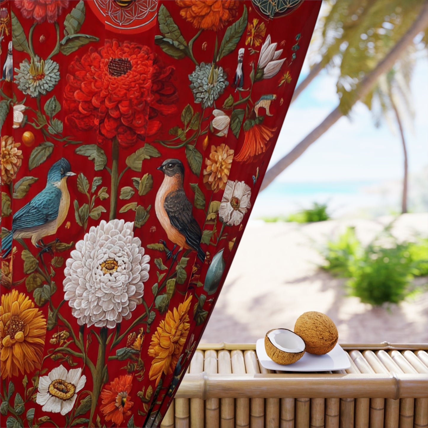 Botanical Tapestry Curtain — Vintage Floral & Birds Window Panel